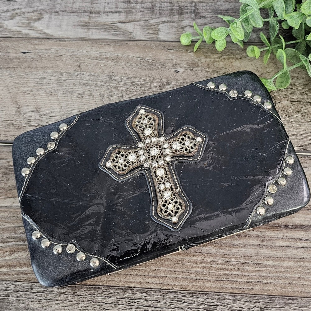 Western Style Clutch Wallet Rhinestone Jeweled Cross Card Holder Black‎